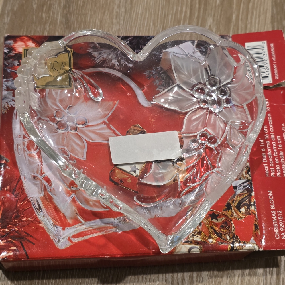 Mikasa Heart-Shaped Glass Dish with Red Floral Design